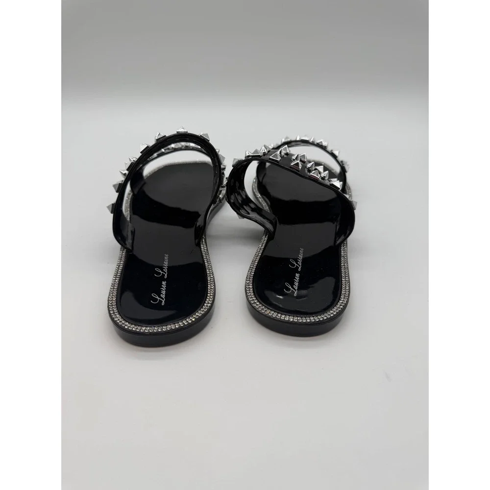 Lauren Lorraine Black Patent Jelly Studded Slide Sandals Silver Pyramid Stud 8.5